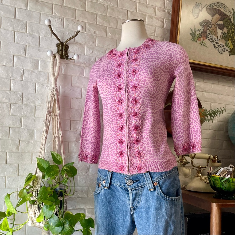 Vintage Y2K Cameleon Beaded Pink Cheetah Print Silk Blend Cardigan Sweater